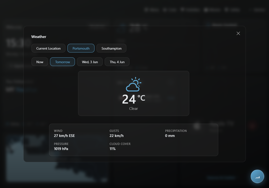 Pack UI weather and information screen